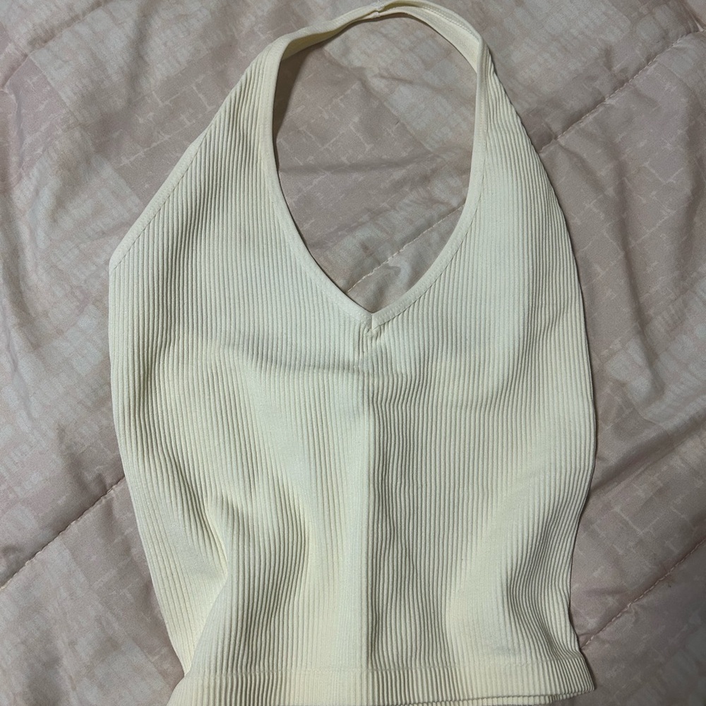 Cream Halter Neck Ribbed Top Urban Outfitters